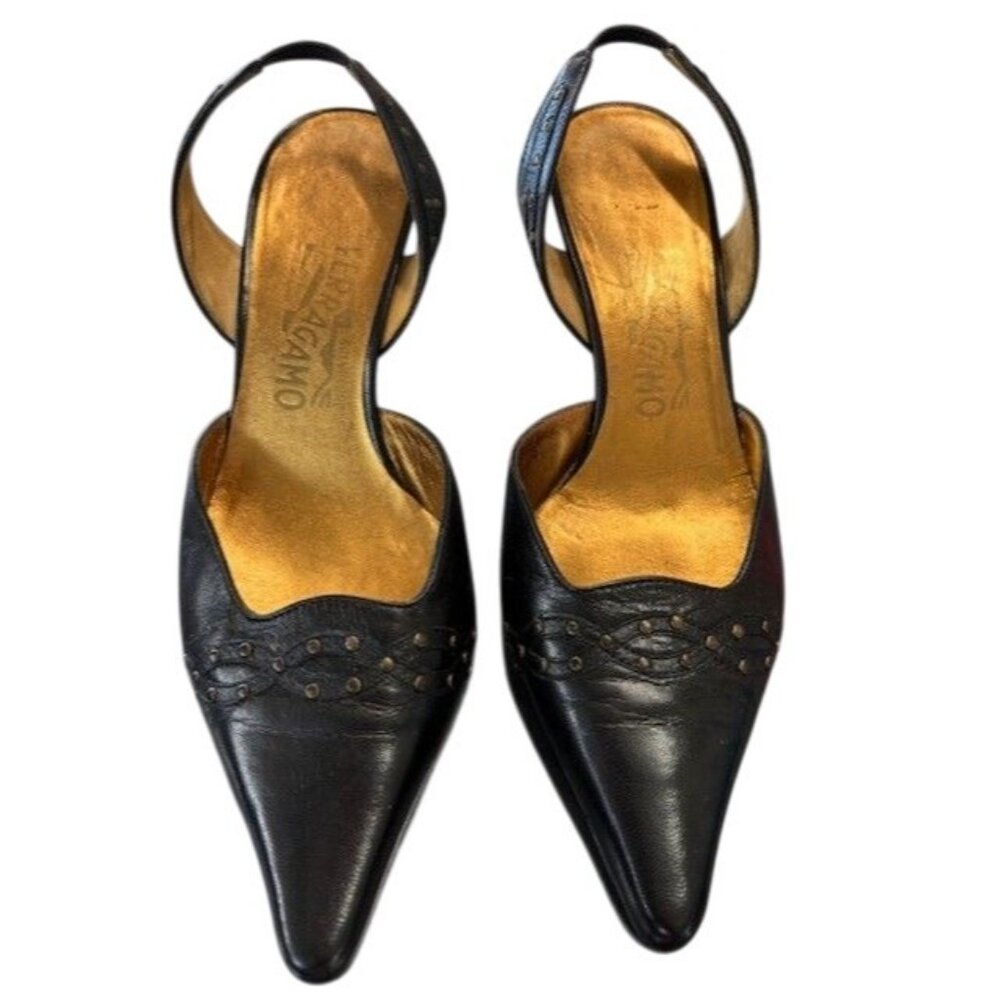 Vintage Salvatore Ferragamo Armavir Slingback Heels W/Stud Detail Pointed Toe‎